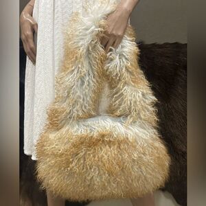 2 Tone Real Mongolian Lamb Fur Handmade Shoulder Bag, Real Shearling Crossbody